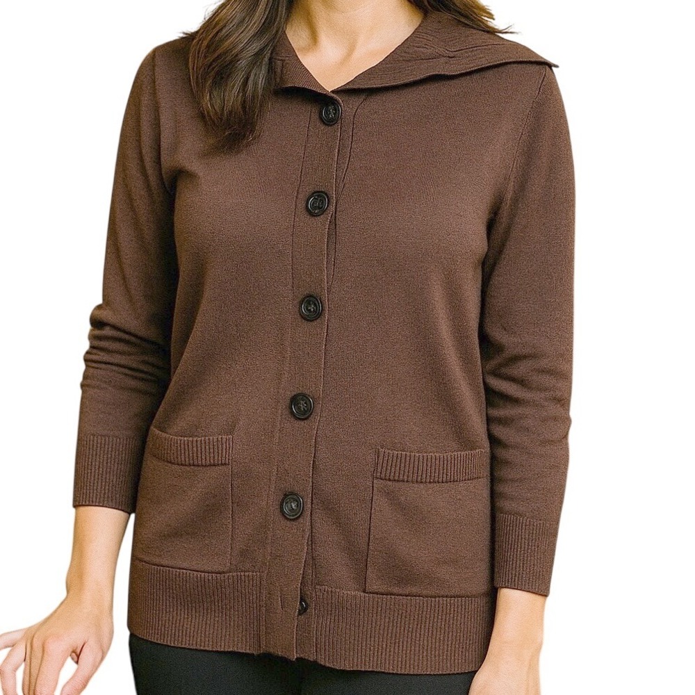 Talbots Women's Brown Pure Merino Wool Button Front Cardigan Sweater Size L